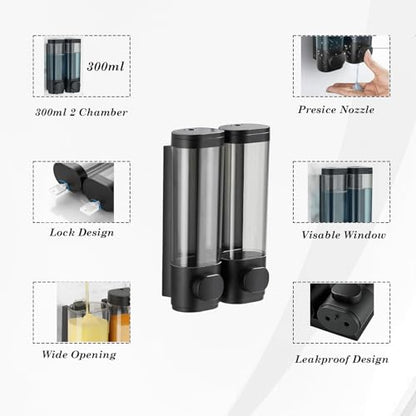 2-Chamber 10oz/300ML Black Plastic Hand Wall Mounted Soap Dispensers | Refillable Shampoo Conditioner Shower Dispenser No Drill, Clear Manual Pump Dispenser for Bathroom Hotel Kitchen - color: 2-chamber Black