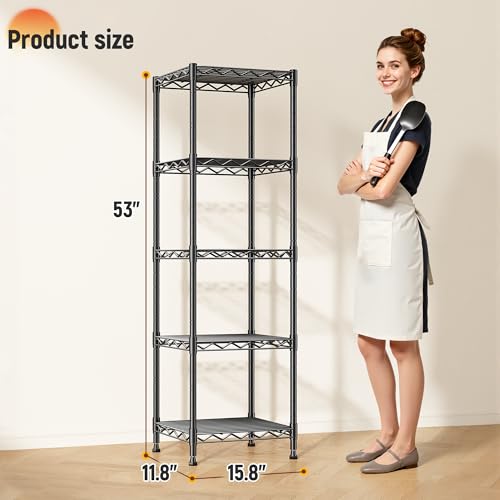 DurayLoly 15.8"W 5-Tier Narrow Wire Shelving, Adjustable shelf, for Kitchen | Slim 15.8"Wx11.8"Dx53"H, Leveling feet+anti-tip, Rustproof, 10-min tool-free assembly, For kitchen, bath, laundry, pantry - size: 15.8"W x 11.8"D x 53"H
