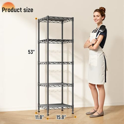 DurayLoly 15.8"W 5-Tier Narrow Wire Shelving, Adjustable shelf, for Kitchen | Slim 15.8"Wx11.8"Dx53"H, Leveling feet+anti-tip, Rustproof, 10-min tool-free assembly, For kitchen, bath, laundry, pantry - size: 15.8"W x 11.8"D x 53"H