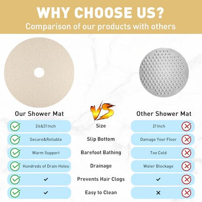 Shower Mat Non Slip: 31 Inch Diameter Extra Large Round Shower Mats with Drain Hole in Middle - Soft Loofah Great Drainage Shower Stall Matt for Inside Shower - color: Beige, size: 31" (Round)