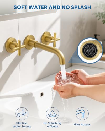 Airuida Solid Brass Antique Brass Wall Mount Bathroom Faucet | 360° Swivel Spout,Rough in Valve,2 Cross Handle,3 Hole,Widespread - color: Antique Brass