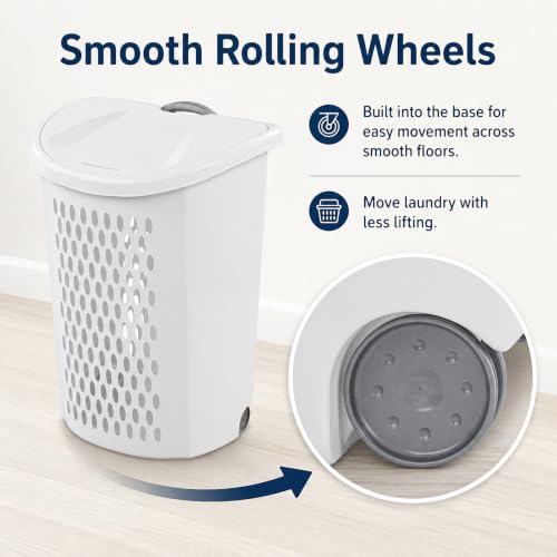 135L White Wheeled Plastic Laundry Hamper - Rolling Laundry Basket with Lid | Pull handle & easy-roll wheels make this rolling laundry hamper with lid easy to move in dorms, apartments & bedrooms. - size: 3.8Bushel