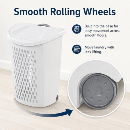 135L White Wheeled Plastic Laundry Hamper - Rolling Laundry Basket with Lid | Pull handle & easy-roll wheels make this rolling laundry hamper with lid easy to move in dorms, apartments & bedrooms. - size: 3.8Bushel