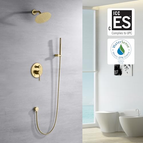 SUMERAIN Brushed Gold Shower Faucet System | with High Pressure 8 Inches Rain Shower Head and Brass Hand Shower, Rough-In Valve Body and Trim Included - color: Brushed Gold, size: 2 Function