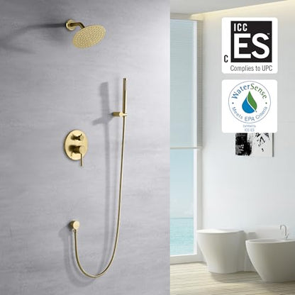 SUMERAIN Brushed Gold Shower Faucet System | with High Pressure 8 Inches Rain Shower Head and Brass Hand Shower, Rough-In Valve Body and Trim Included - color: Brushed Gold, size: 2 Function