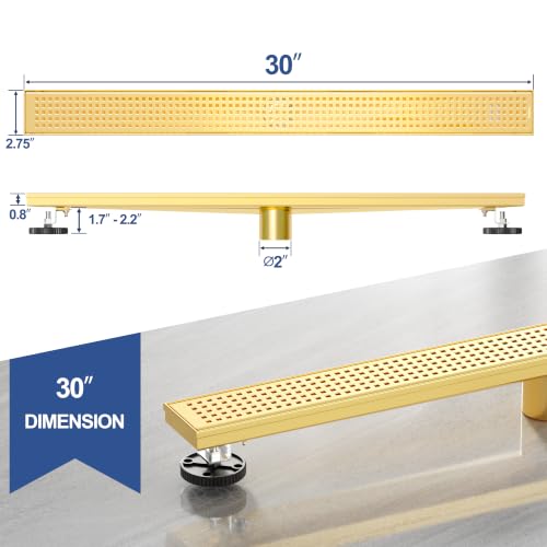 Neodrain 30" Linear Shower Drain, Gold 304 SS Bathroom Linear Drain,cUPC | Gold Shower Drain with Quadrato Grate& Adjustable Feet, Long Rectangle Shower Floor Drain in Bathroom, Balcony etc - color: Golden, size: 30 In