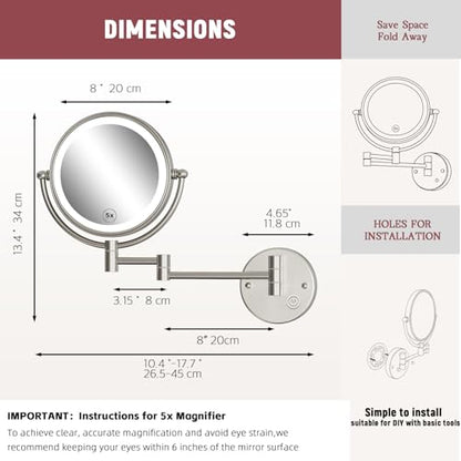 Wall Mounted Lighted Makeup Mirror, 1/5X Magnifying, Brass Brushed Nickel | Double Sided, Touch Dimming, 3 Color LED Lighting, 8 Inches, 360 Swivel, Extension Arm, Bathroom Vanity Shaving, Rechargeable - color: Brushed Nickel