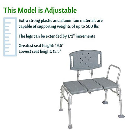 HEALTHLINE Transfer Bench Adjustable Height 500 Lbs, Heavy Duty Bariatric Tub Transfer Bench with Back, Non-Slip Seat, Bath Shower Bench Chair for Bathroom for Elderly Disabled