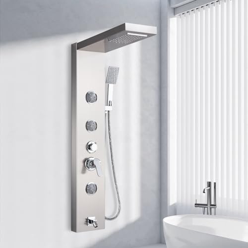AlenArt Shower Panel Massage Jets Rainfall Waterfall Shower Head, Shower Stainless Steel Wall Mount Massage Multi-Function Bathroom Shower Panel Tower System, Brushed Nickel…… - color: Brushed Nickel