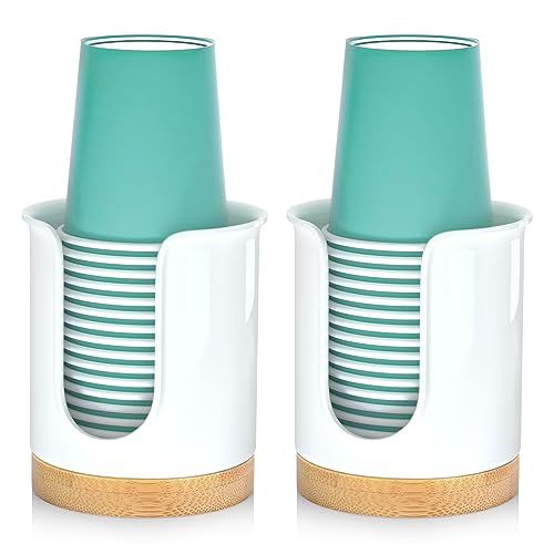 2 Pack Bathroom Cup Dispenser - Small Cup Holder and Mouthwash Cups Holder for 3 Oz Countertop - Convenient Paper Cup Dispenser - Bamboo Wood Base Bathroom Cup Holder（White） - color: White/Bamboo, size: 3 OZ