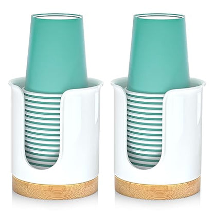 2 Pack Bathroom Cup Dispenser - Small Cup Holder and Mouthwash Cups Holder for 3 Oz Countertop - Convenient Paper Cup Dispenser - Bamboo Wood Base Bathroom Cup Holder（White） - color: White/Bamboo, size: 3 OZ