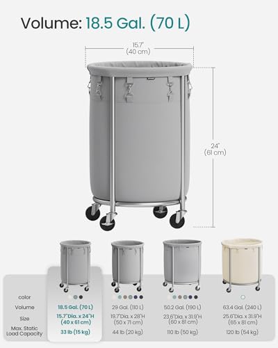 SONGMICS 18.5-Gallon (70 L) Laundry Basket with Wheels, Rolling Round Heavy-Duty Laundry Hamper Cart with Steel Frame and Removable Bag, 2 Locking Wheels, Gray and Metallic Silver URLS006G01 - color: Gray + Metallic Silver, size: 70 L (1-Section)