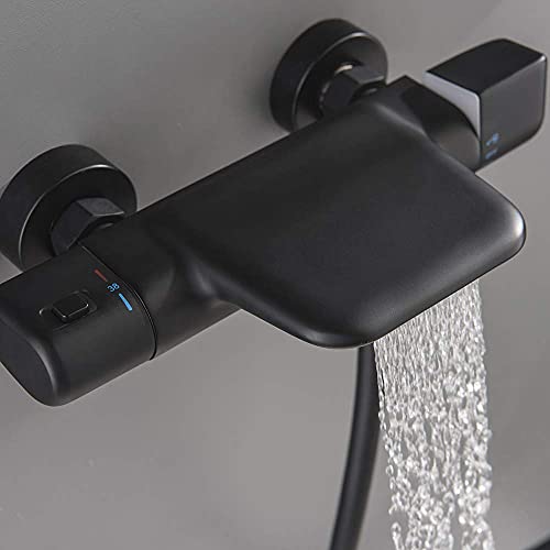 Wall Mounted Bathtub Faucet with Shower, Bath Shower Faucet System Mixer Thermostatic Mixer Taps Brass Shower Taps with Hand Shower and Shower Hose Set,Chrome,Black - color: Black