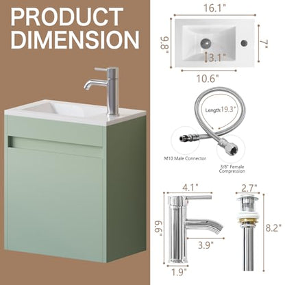 wonline 16" Small Floating Green Bathroom Vanity Sink Combo, Wall Mounted Narrow Single Cabinet with Resin Basin Sink Top, Water Saving Chrome Faucet & Pop-Up Drain - color: Green Linen