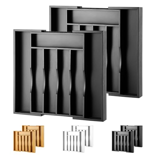 2-Piece Expandable Bamboo Kitchen Drawer Organizer for Cutlery and Utensils, Adjustable Bamboo Wood Cutlery Tray in Drawer for Flatware and Silverware in Kitchen, (Black) - color: Black, size: 7 Slots Expandable-2Pack