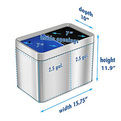 ITouchless 5.3 Gallon / 20L Slim Dual Compartment Open Top Trash Can and Recycle Bin – Rectangular Stainless Steel Wastebasket for Kitchen, Home, Office, Cubicle, Breakroom, Garage - color: Silver