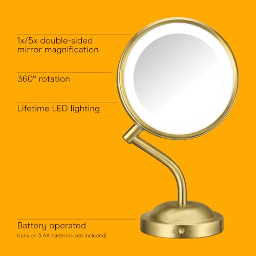 Conair Lighted Makeup Mirror, LED Vanity Mirror, 1X/5X Magnifying Mirror, Battery Operated in Brushed Brass - style: Brushed Brass 1X/5X Magnification