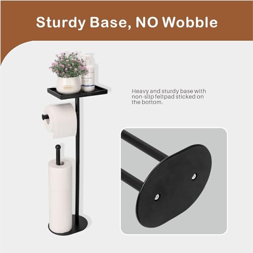 Free Standing Toilet Paper Holder Stand with Phone Shelf, Holds 5 Paper Rolls, Black Tissue Roll Holder for Bathroom, Sturdy Engough for Potted Plants