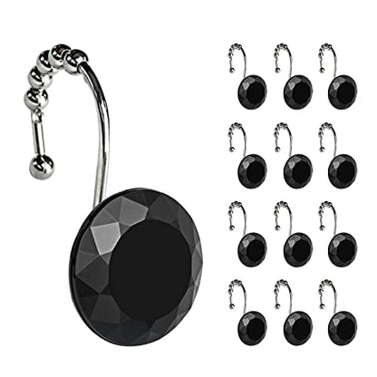 Sunlit Luxury Design Round Black Diamond Crystal Gem Bling with Glide Balls Shower Curtain Hooks, Rust Proof Metal Rhinestones Glam Shower Curtain Rings-12 Pack - color: Black