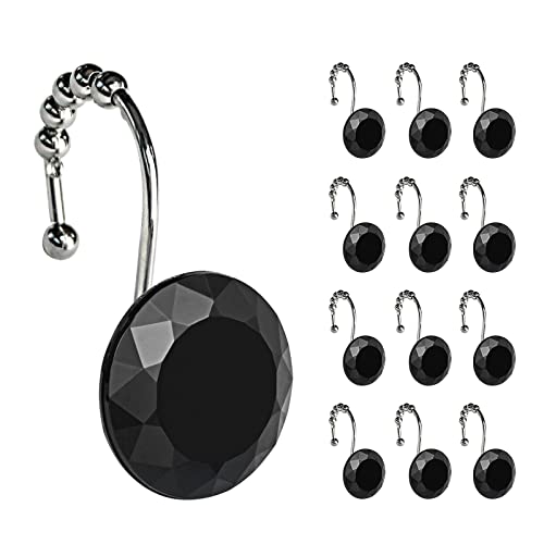 Sunlit Luxury Design Round Black Diamond Crystal Gem Bling with Glide Balls Shower Curtain Hooks, Rust Proof Metal Rhinestones Glam Shower Curtain Rings-12 Pack - color: Black