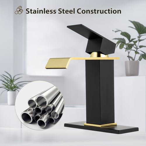 Bathroom Faucet Black & Gold Bathroom Sink Faucet Waterfall, Single Handle Vanity Faucet 1 Hole SUS304 Stainless Steel NSF PEX Tubing, CEC Certified, Pop-Up Drain & Supply Lines Included - color: Black and Gold, size: Short