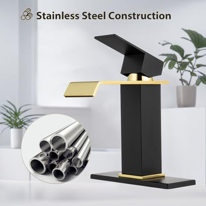 Bathroom Faucet Black & Gold Bathroom Sink Faucet Waterfall, Single Handle Vanity Faucet 1 Hole SUS304 Stainless Steel NSF PEX Tubing, CEC Certified, Pop-Up Drain & Supply Lines Included - color: Black and Gold, size: Short