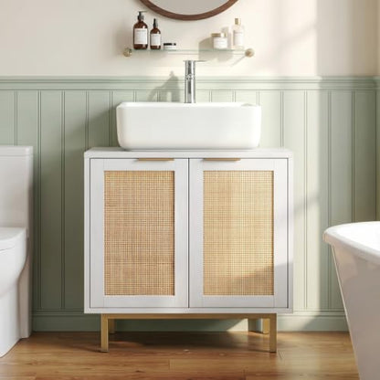 24-inch Pedestal Sink Storage Cabinet, Under Sink Cabinet (White) | U-Shaped Cut-Out | 2 Rattan Doors & Shelf | Solid Metal Legs - color: White