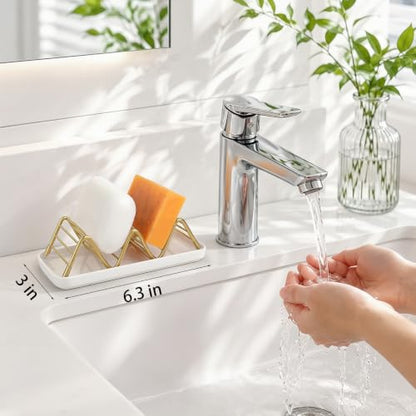 Stainless Steel Soap Dish Draining Soap Holder with Ceramic Tray, Gold | Reversible Design Fits 2-3 Bars, Rustproof, Easy to Clean, Space Saving, Non Slip, for Bathroom, Shower, Kitchen - color: Gold, size: 6.3" x 3.0"(with tray)