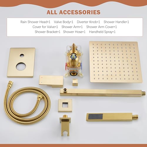 10" Rain Gold Shower System with Handheld & Valve, Brushed Gold | Wall-Mounted High-Pressure Shower Faucet Combo Set, 10-Inch Rain Shower Head with Handheld Spray,Includes Valve and Trim Kit - color: Brushed Gold 10