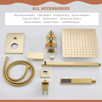 12" Rain Shower System with Handheld & Valve, Brushed Gold | Wall-Mounted High-Pressure Shower Faucet Combo Set, 12-Inch Rain Shower Head with Handheld Spray,Includes Valve and Trim Kit - color: Brushed Gold 12
