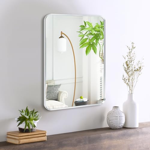 Silver Bathroom Mirror 18x24in, Metal Framed Rounded Rectangle | Tempered Glass, Shatter Proof, Anti-Rust Frame, Hangs Horizontal or Vertical - color: Silver, size: 24"L x 18"W, style: Rectangle