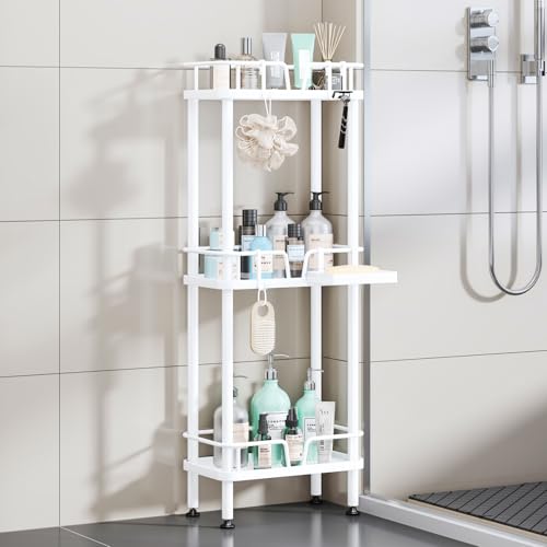 HapiRm Standing Corner Shower Caddy - 3 Tier Corner Shower Organizer with Soap Holder, Rustproof Stainless Steel Bathroom Shelf with 4 Hooks, White - color: White