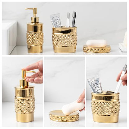 3-Piece Gold Ceramic Bathroom Accessories Set - Luxurious Soap Dispenser, Toothbrush Holder & Soap Dish with Modern Geo Embossed Design for Bathroom Accessory Set - color: Gold 022