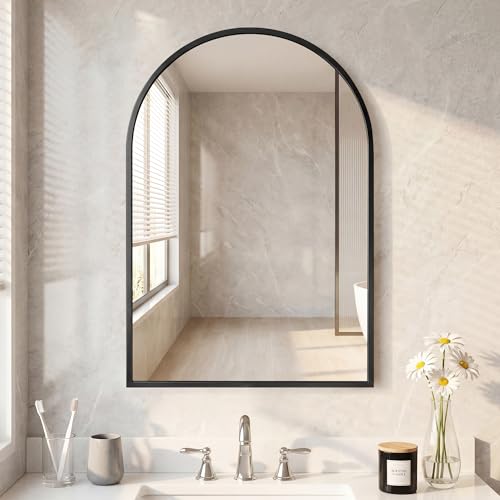 NEWBULIG 22"x30" Wall Mirror, Bathroom Mirrors for Over Sink, Black | Matte Metal Framed Vanity Mirror with Tempered Glass, Entryway, Living Room, Bedroom - color: Black-arched, size: 22"L x 30"W