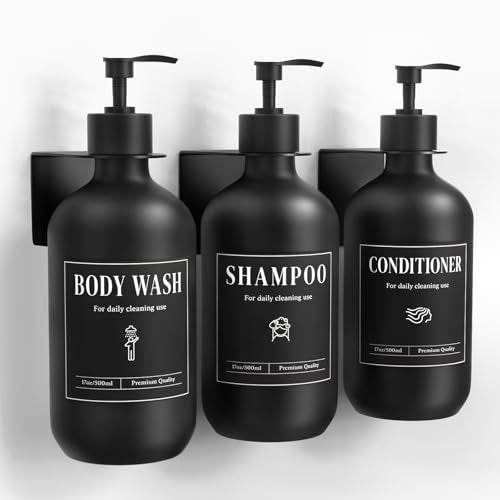 Luxspire 17oz Shampoo and Conditioner Dispenser 3 Sets for Bathroom, Black | Matte PET bottle, no-drill stainless bracket, detachable pump, dual wall/counter install with classification stickers - color: Matte Black