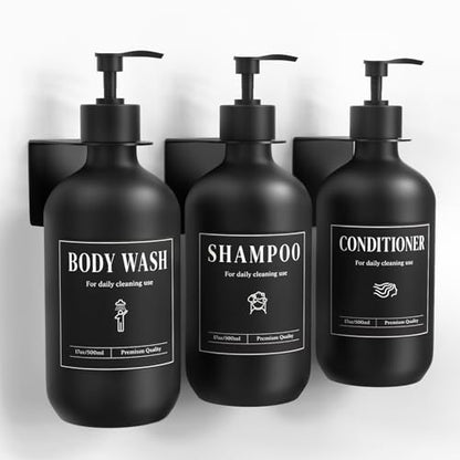 Luxspire 17oz Shampoo and Conditioner Dispenser 3 Sets for Bathroom, Black | Matte PET bottle, no-drill stainless bracket, detachable pump, dual wall/counter install with classification stickers - color: Matte Black