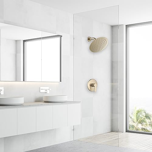 Round 6 Inch Stainless Steel Shower Head High Pressure Rainall Shower Head Brushed Gold Ultra Thin Design-Best Pressure Boosting with Silicone Nozzle Easy to Install - color: Brushed Gold, size: Round