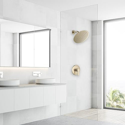 Round 6 Inch Stainless Steel Shower Head High Pressure Rainall Shower Head Brushed Gold Ultra Thin Design-Best Pressure Boosting with Silicone Nozzle Easy to Install - color: Brushed Gold, size: Round