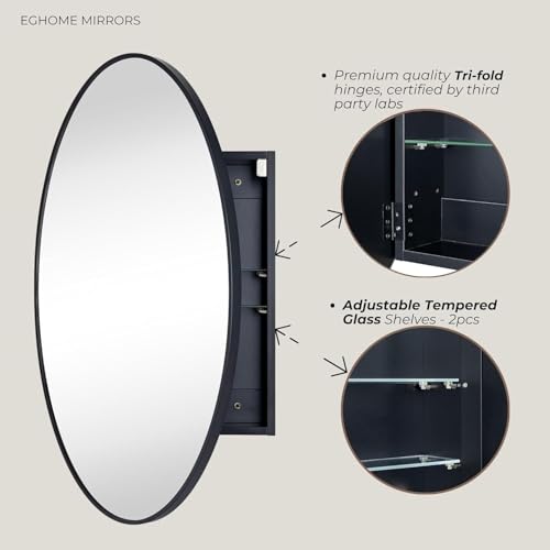 Surface Mount Black Oval Bathroom Medicine Cabinet with Mirror Metal Framed Oval Bathroom Storage Cabinet, 20x30''