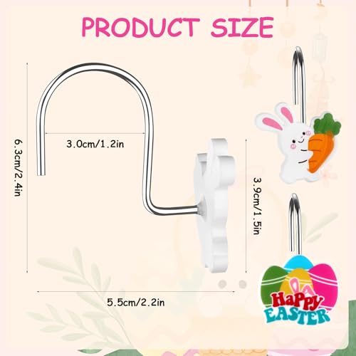12Pcs Shower Curtain Hooks Hangers Decorative Metal Rustproof Bathroom Room Pendants Decor Accessories with Bunny Happy Carrot Flower Chick Rabbit Stainless Curtains Rings