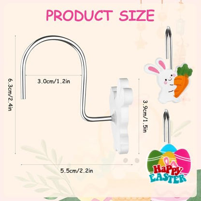 12Pcs Shower Curtain Hooks Hangers Decorative Metal Rustproof Bathroom Room Pendants Decor Accessories with Bunny Happy Carrot Flower Chick Rabbit Stainless Curtains Rings