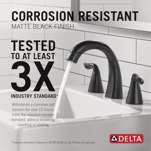 Delta Arvo Matte Black Bathroom Faucet with Sprayer, 8 Inch 3 Hole Widespread Bathroom Sink Faucet with Pull Out Sprayer, Push-Pop Drain, Matte Black 35840LF-BLPD - color: Matte Black