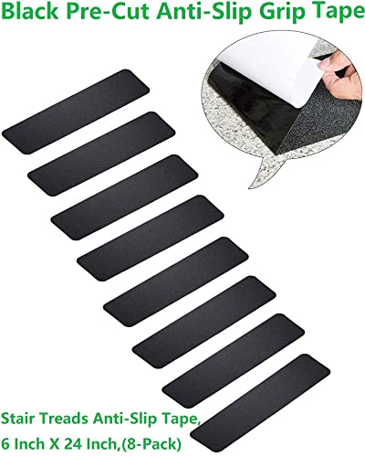 Wild Tribe Pack of 8 Non-Slip Safety Step Tapes Wood Stair Treads Floor Track Sticker 80 Grit for Skateboard & Outdoor & Staircase, Black (6"x24", Black)