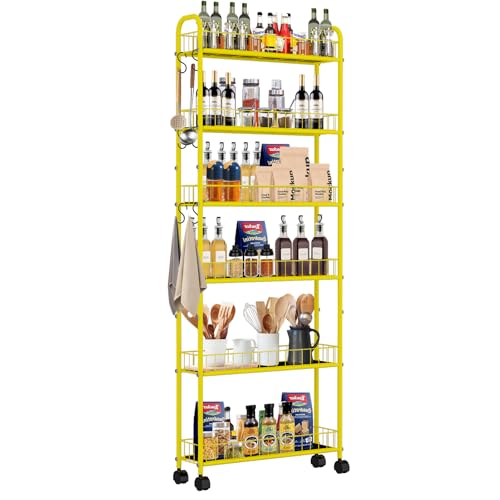 6-Tier Slim Storage Cart with Wheels, Metal 6in Narrow Rolling Shelf, Sturdy Slim Storage with Hooks Ideal for Kitchen, Bathroom, and Laundry Room, Yellow - size: 6in Yellow