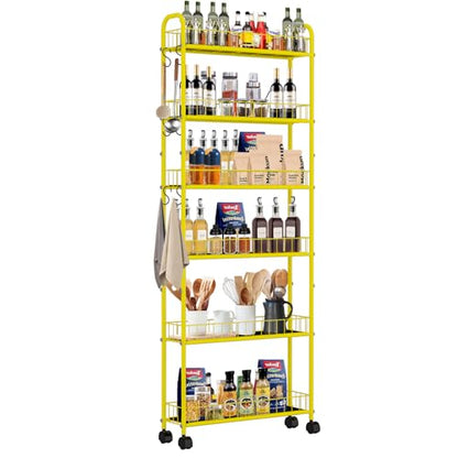 6-Tier Slim Storage Cart with Wheels, Metal 6in Narrow Rolling Shelf, Sturdy Slim Storage with Hooks Ideal for Kitchen, Bathroom, and Laundry Room, Yellow - size: 6in Yellow