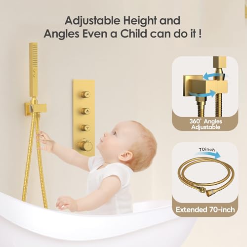 Thermostatic Dual Shower System Brushed Gold,Push Button Diverter Rainfall Shower Faucet Set with 2 in 1 Handheld Spray,12'' Ceiling Mount and 6'' Wall Mount Rainfall Shower System - color: Gold, size: 12"-2
