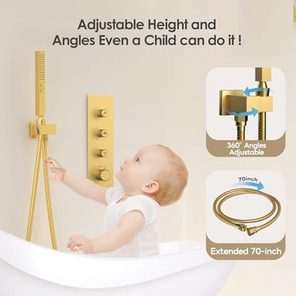 Thermostatic Dual Shower System Brushed Gold,Push Button Diverter Rainfall Shower Faucet Set with 2 in 1 Handheld Spray,12'' Ceiling Mount and 6'' Wall Mount Rainfall Shower System - color: Gold, size: 12"-2