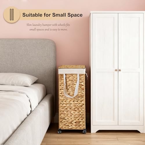 Rolling Laundry Hamper with Lid and Wheels, Slim Laundry Basket with Removable Liner Bag & 2 Mesh Bags, Handwoven Water Hyacinth Clothes Hamper for Bedroom Bathroom (Natural, 65L) - color: Natural/With Lid/65L