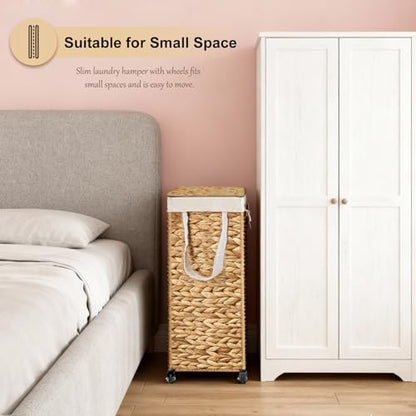 Rolling Laundry Hamper with Lid and Wheels, Slim Laundry Basket with Removable Liner Bag & 2 Mesh Bags, Handwoven Water Hyacinth Clothes Hamper for Bedroom Bathroom (Natural, 65L) - color: Natural/With Lid/65L
