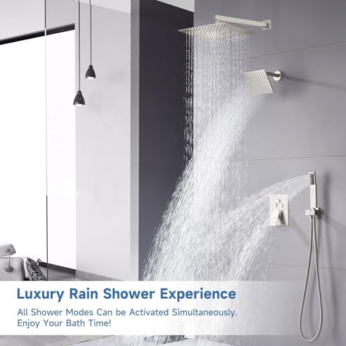 Dual Rainfall Shower Head System Brushed Nickel, 3-Function Push Button Shower Faucet Set with 12" Wall Mount Rain shower head and 6" Wall Mount Shower Head, Pressure Balance Rough-in Valve - color: Brushed Nickel, style: Wall Mount